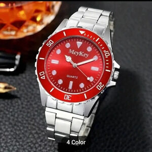 Round Pointer Quartz Watch Casual Rhinestone.. stainless steel..NWT RED